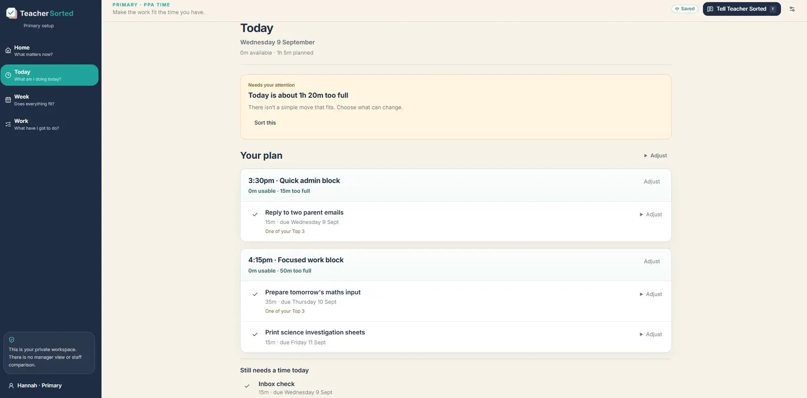 A real Teacher Sorted Today screen showing work in the daily planner